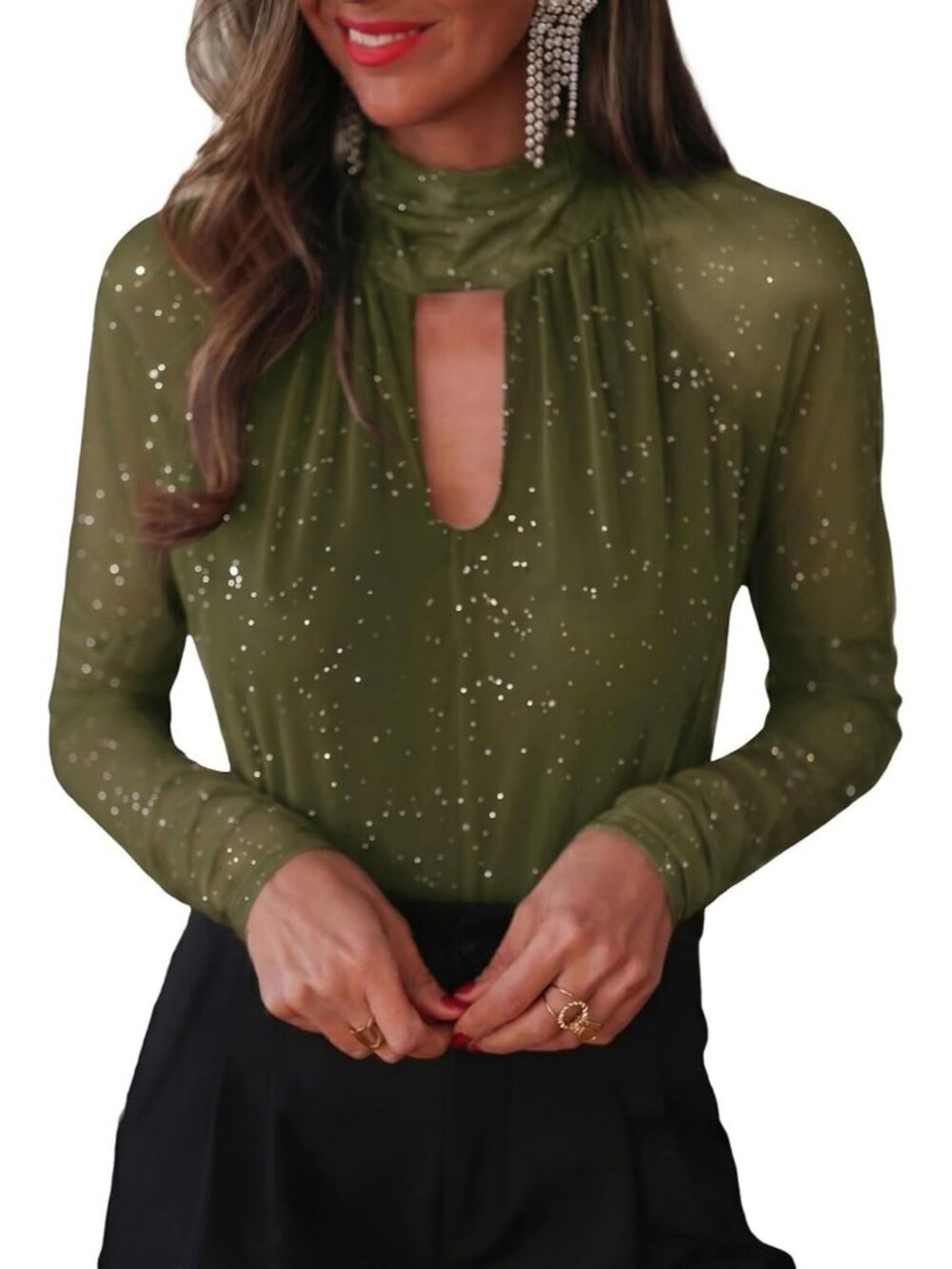 Women's Green Sheer Mesh Sparkly Glitter Mock Neck Cutout Long Sleeve Top